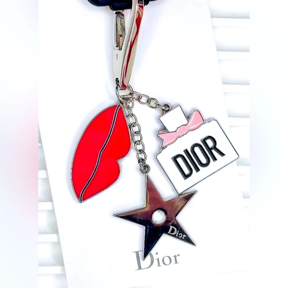 Dior Lipstick, Perfume & Star Charm Keychain – Silver-Tone Accessory